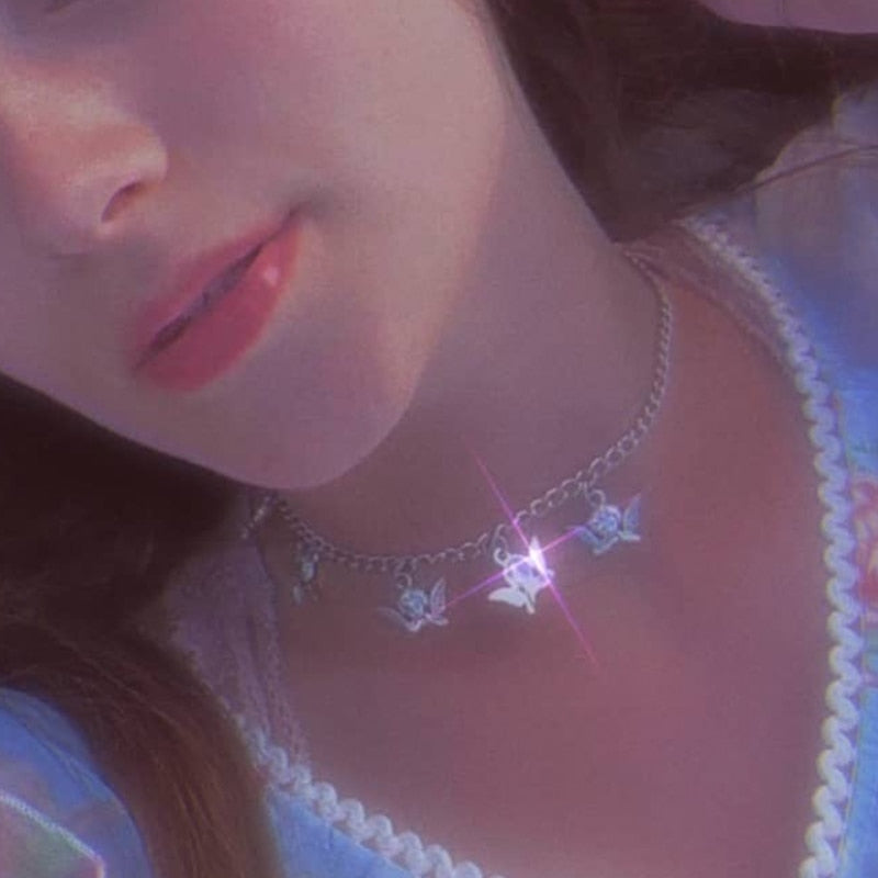 Cute Angel Pendant Necklace For Women Metal Cool Punk Y2K Hip Hop Rock Irregular Choker Necklace Jewelry Gifts New