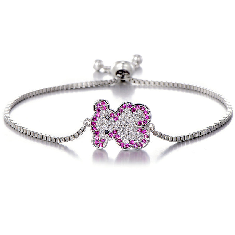 Charm Adjustable Bracelet for Women in Silver Color Plated Cubic Zirconia Pink Crystal Jewelry