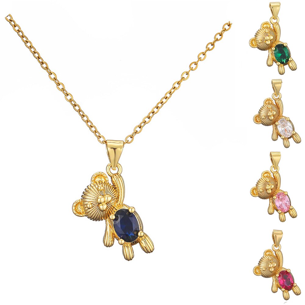 Cute Bear Style Cubic Zirconia Candy Color Pendant For Women Necklace Girl Birthday Anniversary Gift Copper Gold Plated