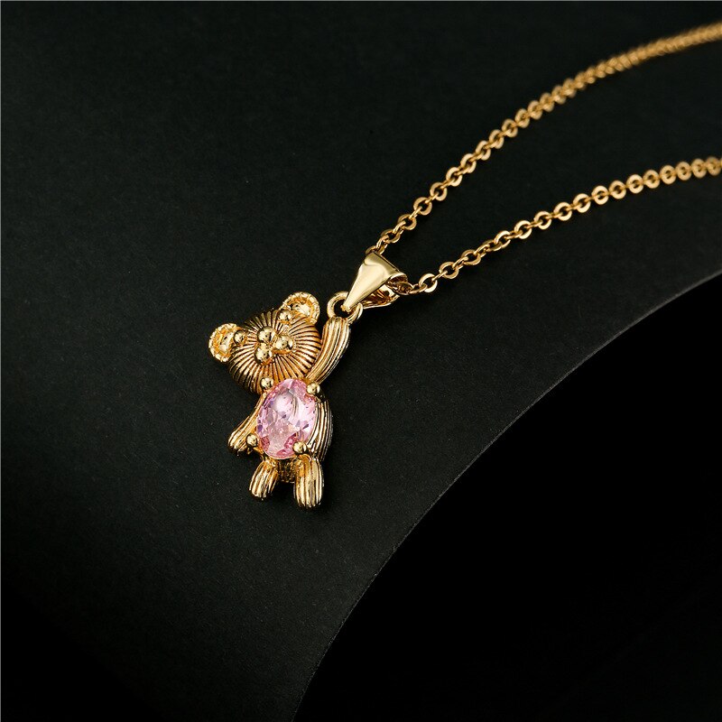 Cute Bear Style Cubic Zirconia Candy Color Pendant For Women Necklace Girl Birthday Anniversary Gift Copper Gold Plated