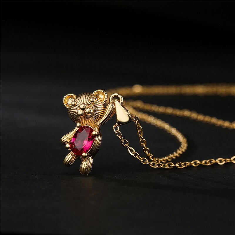 Cute Bear Style Cubic Zirconia Candy Color Pendant For Women Necklace Girl Birthday Anniversary Gift Copper Gold Plated