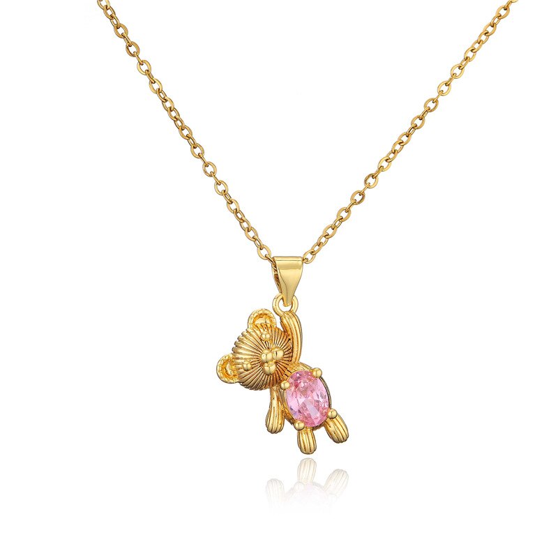 Cute Bear Style Cubic Zirconia Candy Color Pendant For Women Necklace Girl Birthday Anniversary Gift Copper Gold Plated