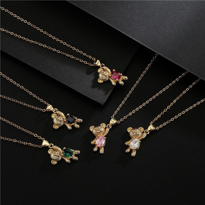 Cute Bear Style Cubic Zirconia Candy Color Pendant For Women Necklace Girl Birthday Anniversary Gift Copper Gold Plated
