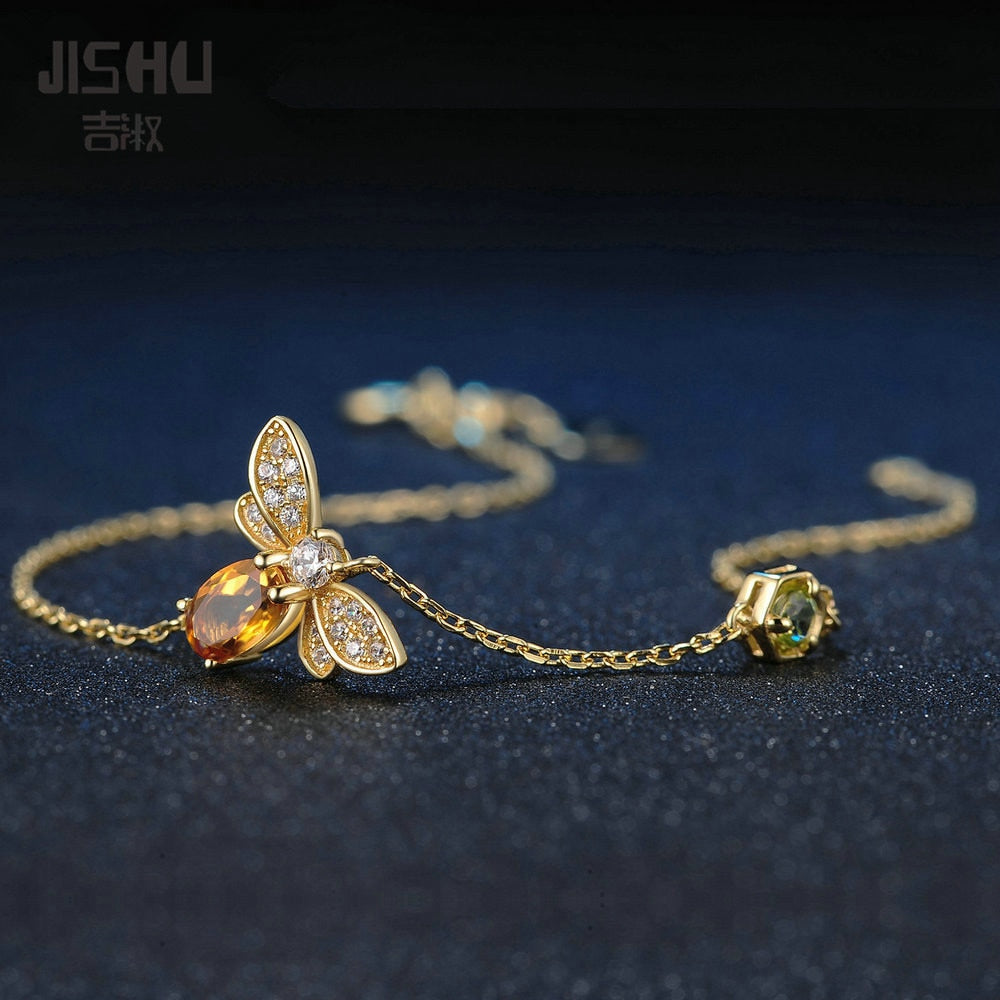 Cute Bee 5X7mm 100% Natural Oval Citrine 925 Sterling Silver Charm Bracelet 14K Yellow Gold Plated Animal Bee Chain Bracelet