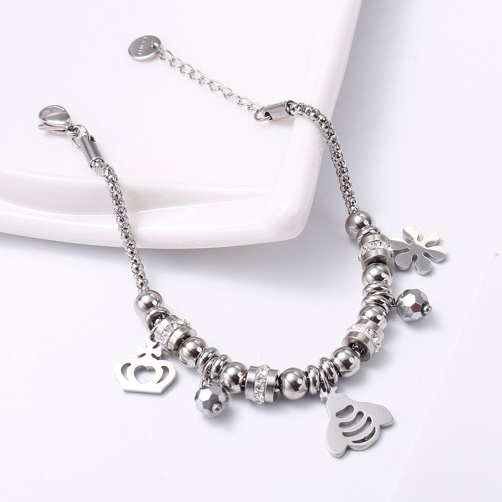 Cute Bee Snow Crown Pendant Stainless Steel Bracelet For Women Silvery Clear Crystal Gig Glass Popcorn Chain Bracelet Jewelry