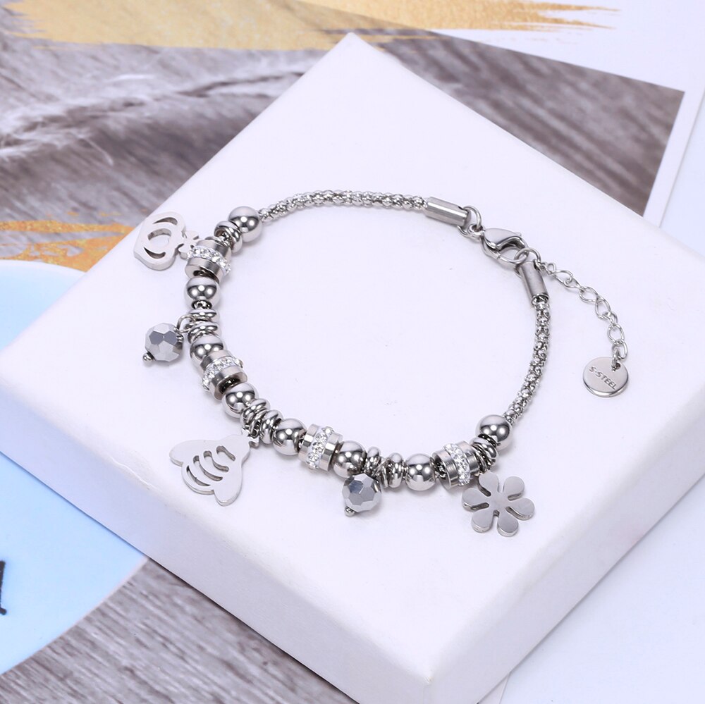 Cute Bee Snow Crown Pendant Stainless Steel Bracelet For Women Silvery Clear Crystal Gig Glass Popcorn Chain Bracelet Jewelry