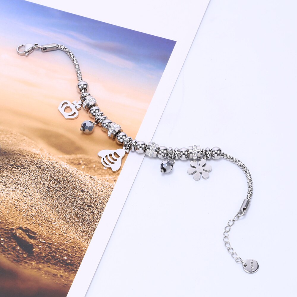 Cute Bee Snow Crown Pendant Stainless Steel Bracelet For Women Silvery Clear Crystal Gig Glass Popcorn Chain Bracelet Jewelry