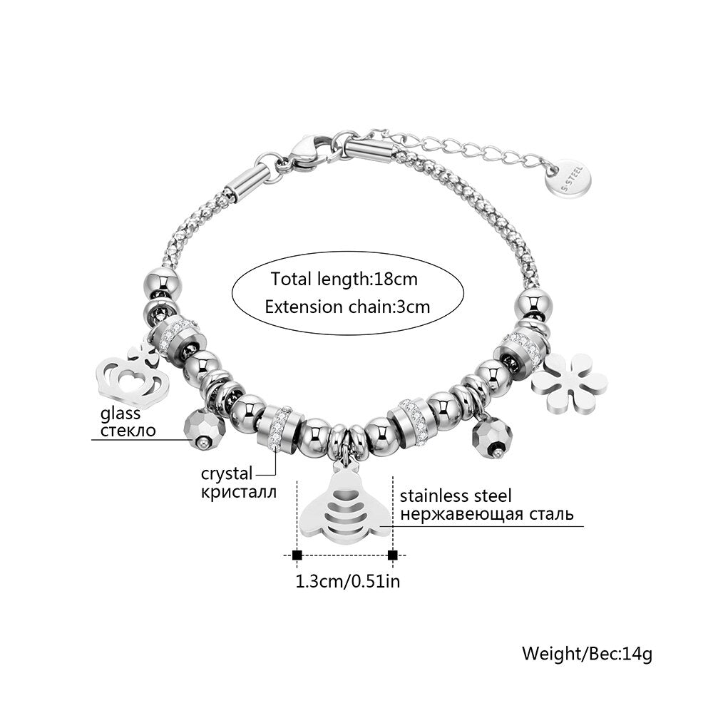 Cute Bee Snow Crown Pendant Stainless Steel Bracelet For Women Silvery Clear Crystal Gig Glass Popcorn Chain Bracelet Jewelry