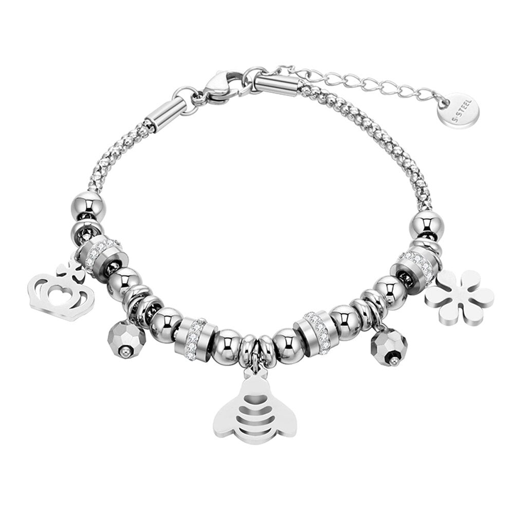 Cute Bee Snow Crown Pendant Stainless Steel Bracelet For Women Silvery Clear Crystal Gig Glass Popcorn Chain Bracelet Jewelry