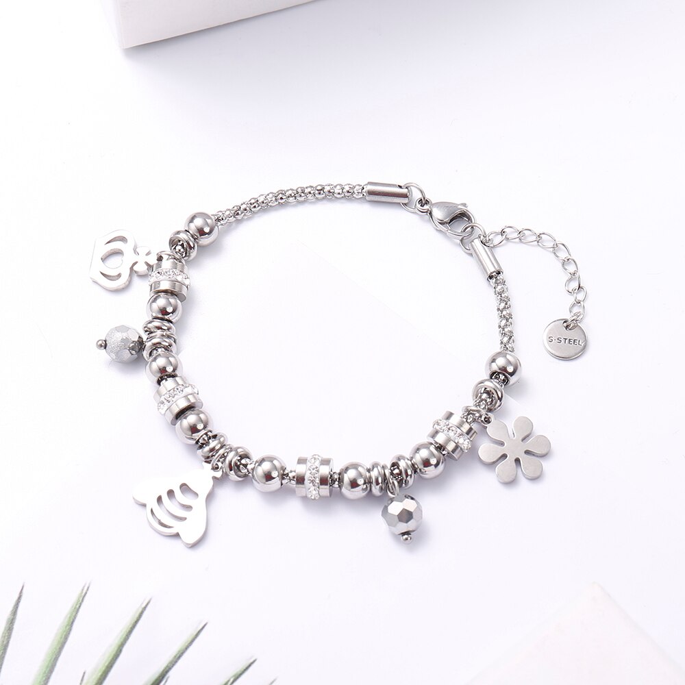 Cute Bee Snow Crown Pendant Stainless Steel Bracelet For Women Silvery Clear Crystal Gig Glass Popcorn Chain Bracelet Jewelry