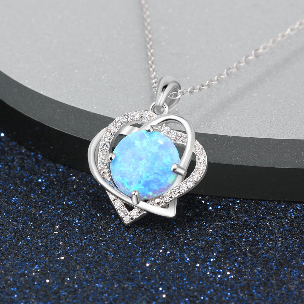 Cute Blue Fire Opal Sea Heart Design Pendant Necklace for Women Sterling Silver 925 Jewelry Trendy Romantic Valentine's Gift