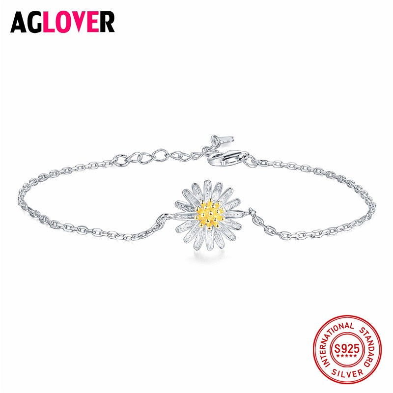 Cute Bracelet Daisy Flower 925 Sterling Silver Simple Accessories Bracelets for Women Fine Jewelry