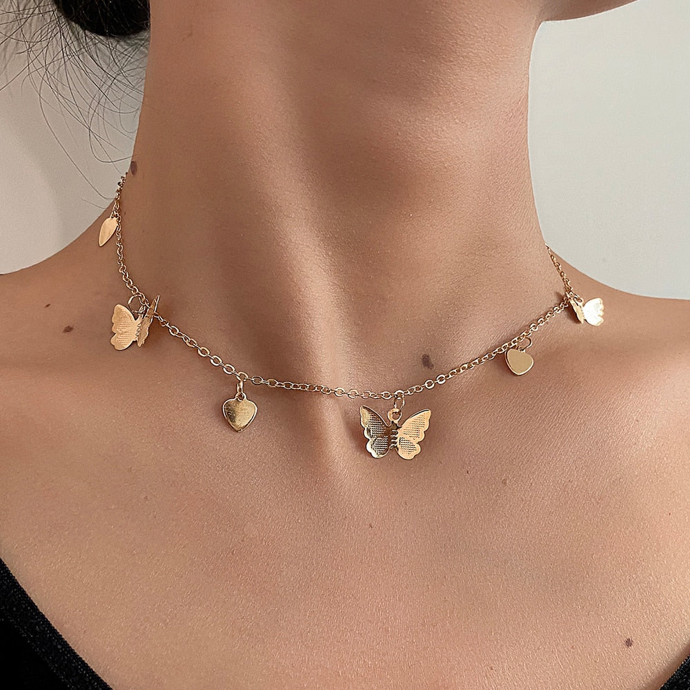 Cute Butterfly Heart Choker Necklace For Women Gold Chain Statement Collar Female Chocker Necklace On Neck Jewelry Gift