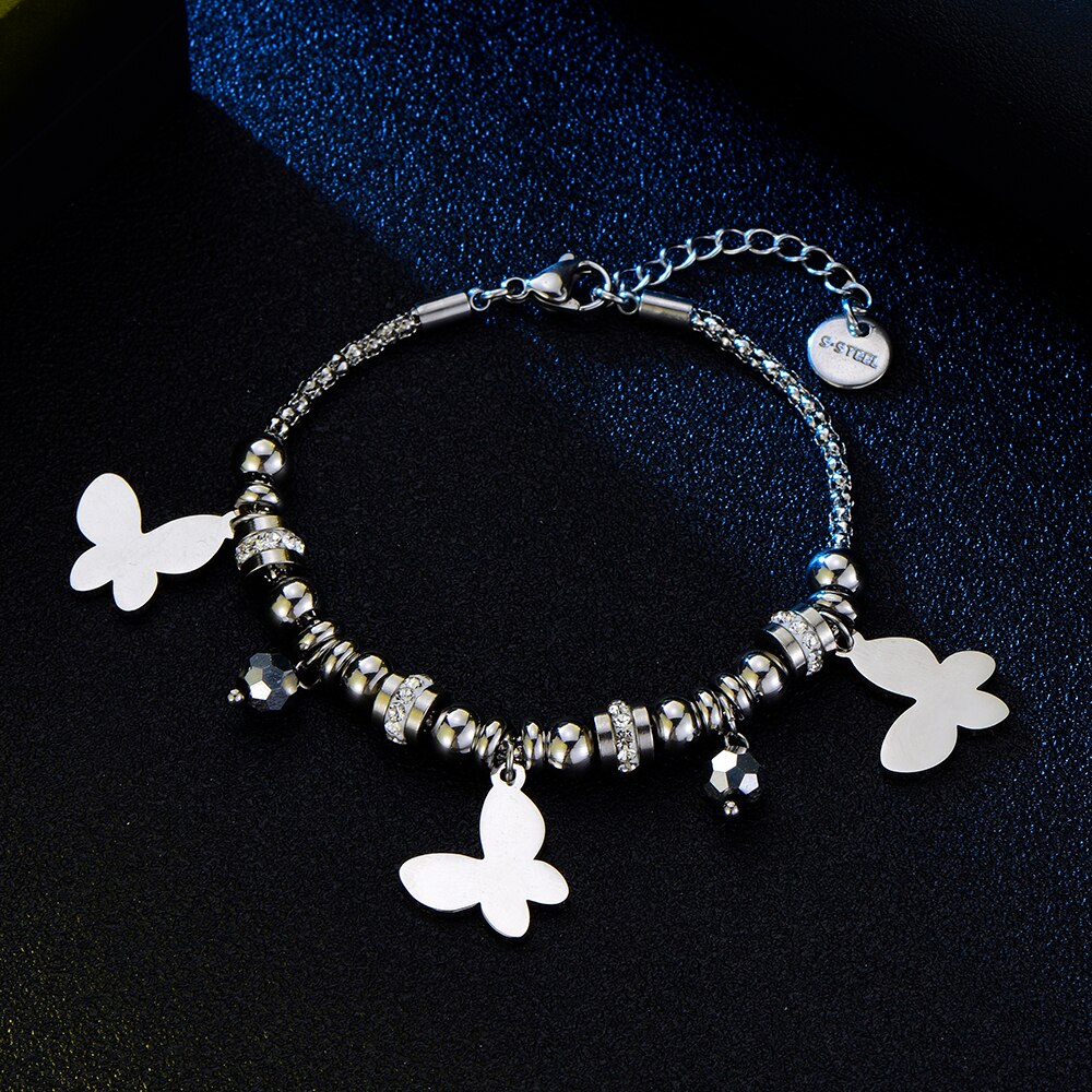 Cute Butterfly Multi Beads Popcorn Chain Stainless Steel Bracelets For Woman Silver Color Rhinestone Charms Jewelry