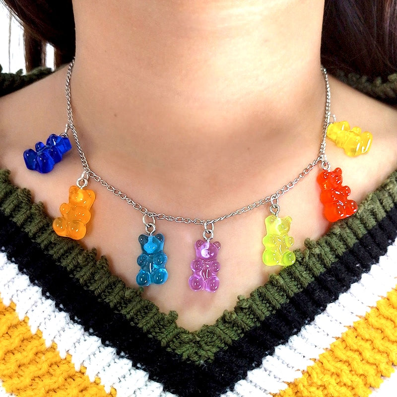 Cute Candy Color Cartoon Gummy Bear Chain Pendant Necklace DIY Handmade Colorful Resin Bear Fresh Choker Necklace Jewelry