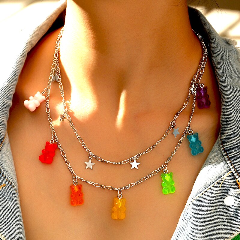 Cute Candy Color Cartoon Gummy Bear Chain Pendant Necklace DIY Handmade Colorful Resin Bear Fresh Choker Necklace Jewelry