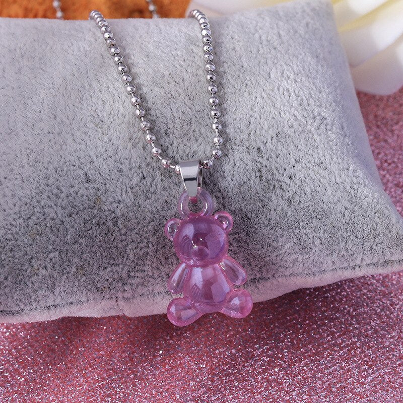 Cute Candy Color Cartoon Gummy Bear Chain Pendant Necklace DIY Handmade Colorful Resin Bear Fresh Choker Necklace Jewelry