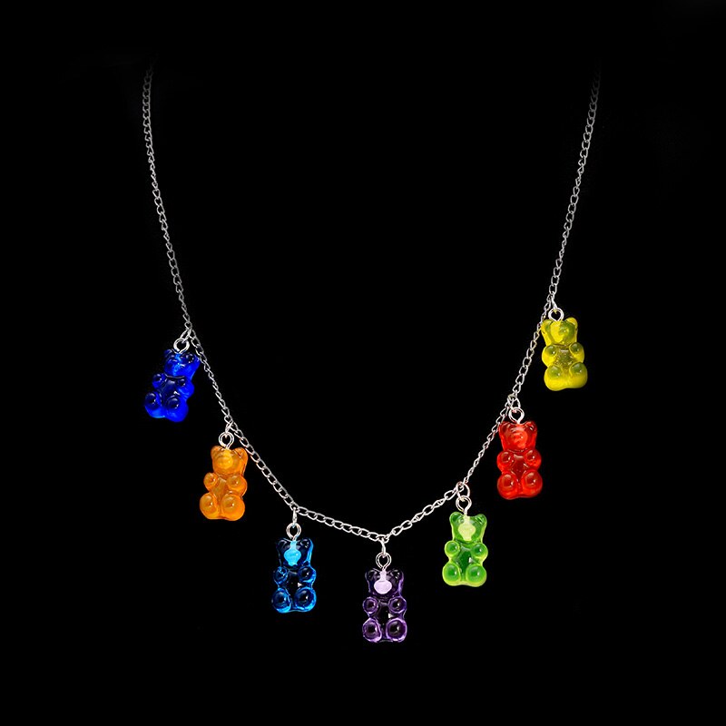 Cute Candy Color Cartoon Gummy Bear Chain Pendant Necklace DIY Handmade Colorful Resin Bear Fresh Choker Necklace Jewelry
