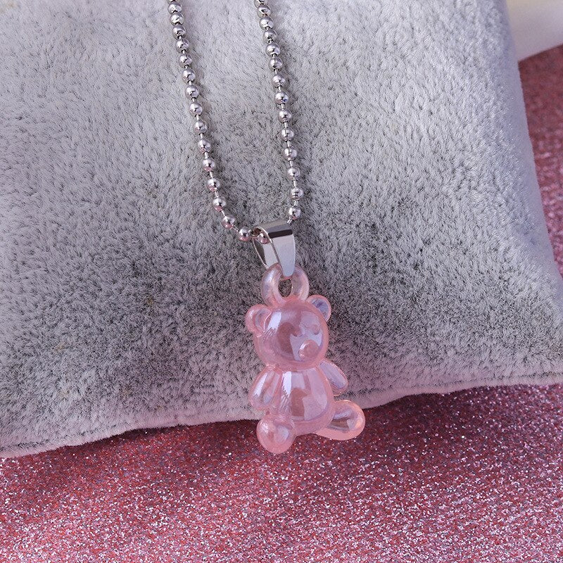 Cute Candy Color Cartoon Gummy Bear Chain Pendant Necklace DIY Handmade Colorful Resin Bear Fresh Choker Necklace Jewelry