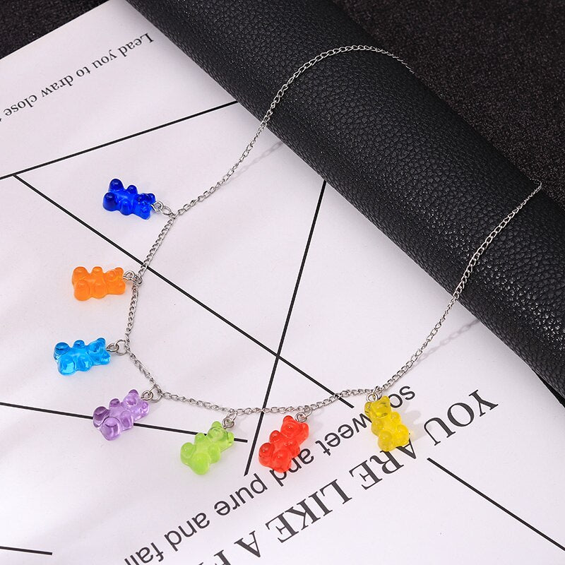 Cute Candy Color Cartoon Gummy Bear Chain Pendant Necklace DIY Handmade Colorful Resin Bear Fresh Choker Necklace Jewelry
