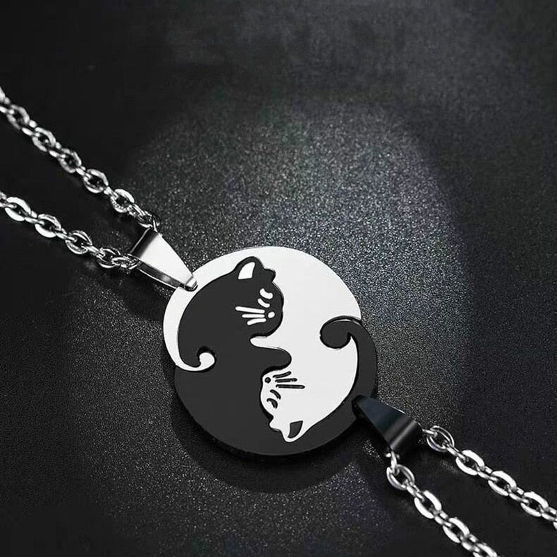 Cute Cat Couple Necklaces Stainless Steel  YinYang Taichi Bring Good Luck Pendant Necklace for Lover Friends Gift Jewelry