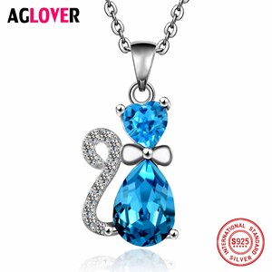 Cute Cat Crystal Pendant Feminine 925 Silver Chain Necklace AAA Zircon Silver Jewelry Women Fashion Charm Necklaces