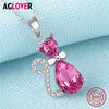 Cute Cat Crystal Pendant Feminine 925 Silver Chain Necklace AAA Zircon Silver Jewelry Women Fashion Charm Necklaces