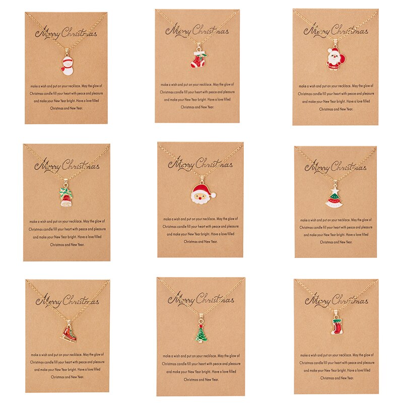 Cute Christmas Pendant Necklace Wish Card 2022 Xmas Jewelry Gifts Snowman Snowflake Santa Claus Deer Women Chain Choker Collar