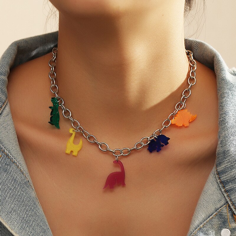 Cute Colorful Vintage Animal Dinosaur Pendants Necklace for Women Big Tassel Chocker Chain Clavicle For Men Hip Hop Punk Jewelry