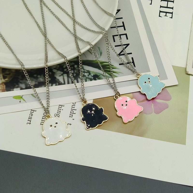 Cute Creative Ghost Face Necklace Silver Color Chain Pendant Necklace Black White Color Necklace Halloween jewelry