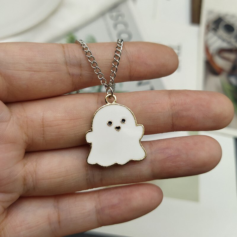 Cute Creative Ghost Face Necklace Silver Color Chain Pendant Necklace Black White Color Necklace Halloween jewelry