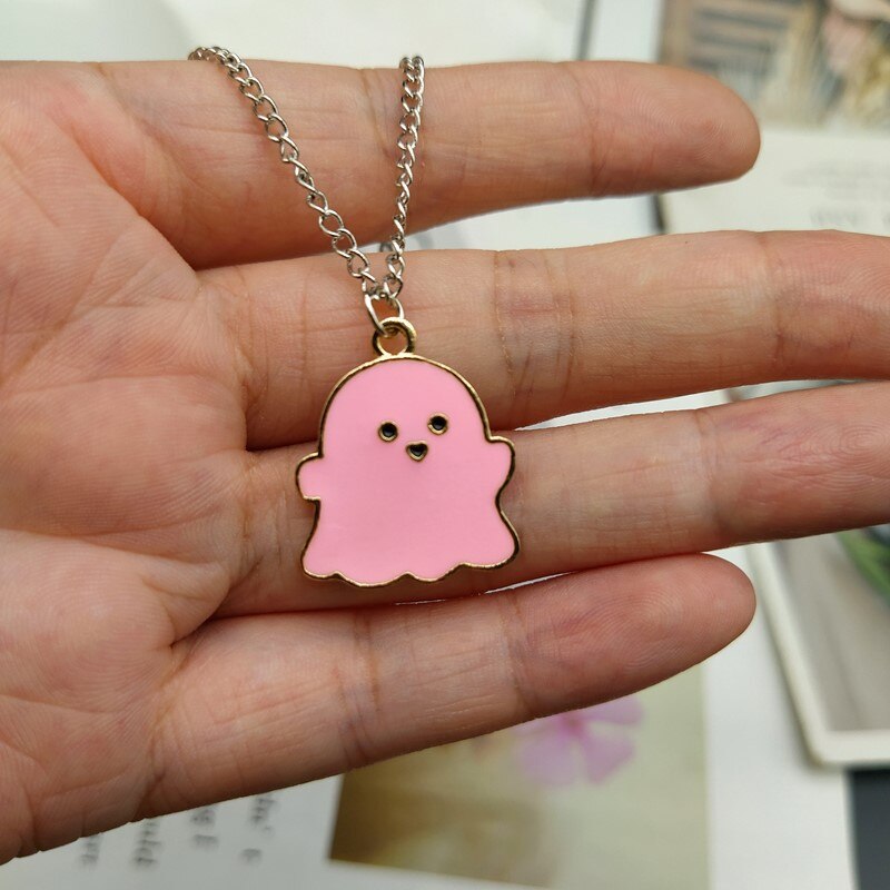Cute Creative Ghost Face Necklace Silver Color Chain Pendant Necklace Black White Color Necklace Halloween jewelry