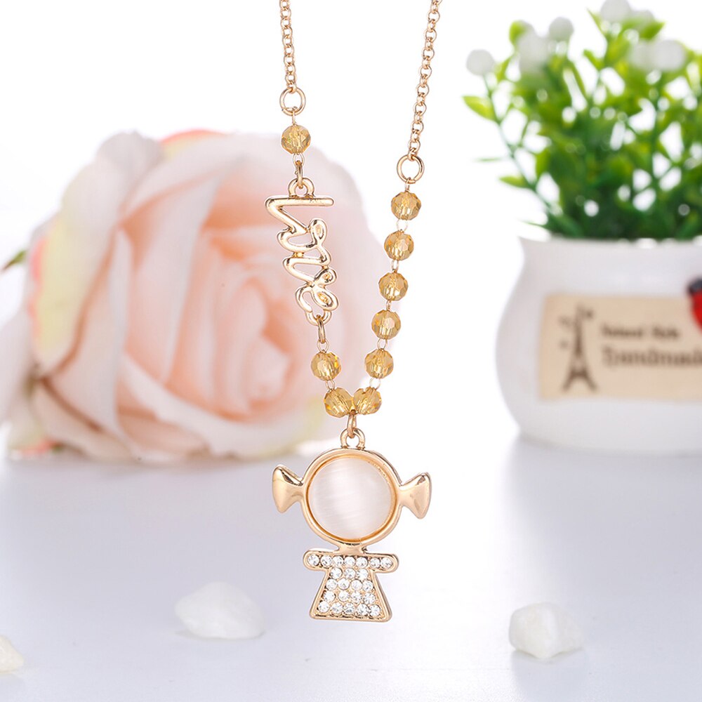 Cute Crystal Girl Pendant Necklace Yellow Black Beads White Cat's Eye Stone Necklaces For Woman Children Kids Jewelry Statement