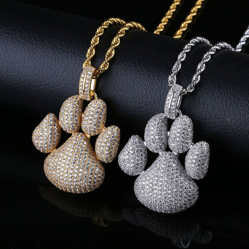 Cute Dog Paw Prints Pendant Necklace  AAA Zircon Mens Necklace 2 Colors Rap Hip Hop Jewelry