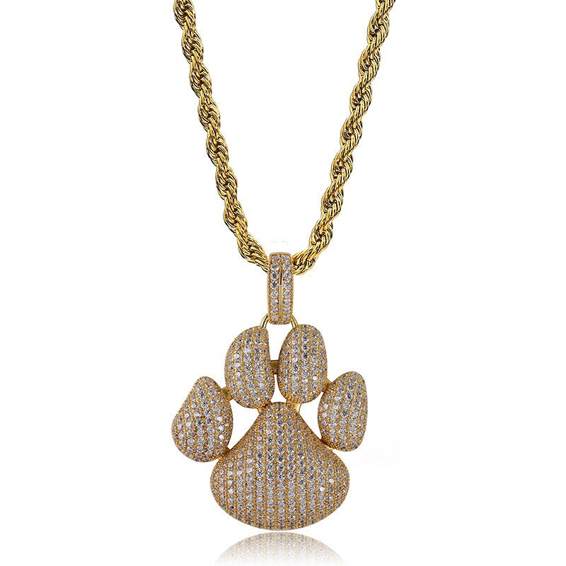 Cute Dog Paw Prints Pendant Necklace  AAA Zircon Mens Necklace 2 Colors Rap Hip Hop Jewelry