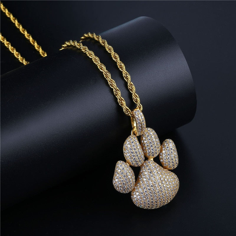 Cute Dog Paw Prints Pendant Necklace  AAA Zircon Mens Necklace 2 Colors Rap Hip Hop Jewelry