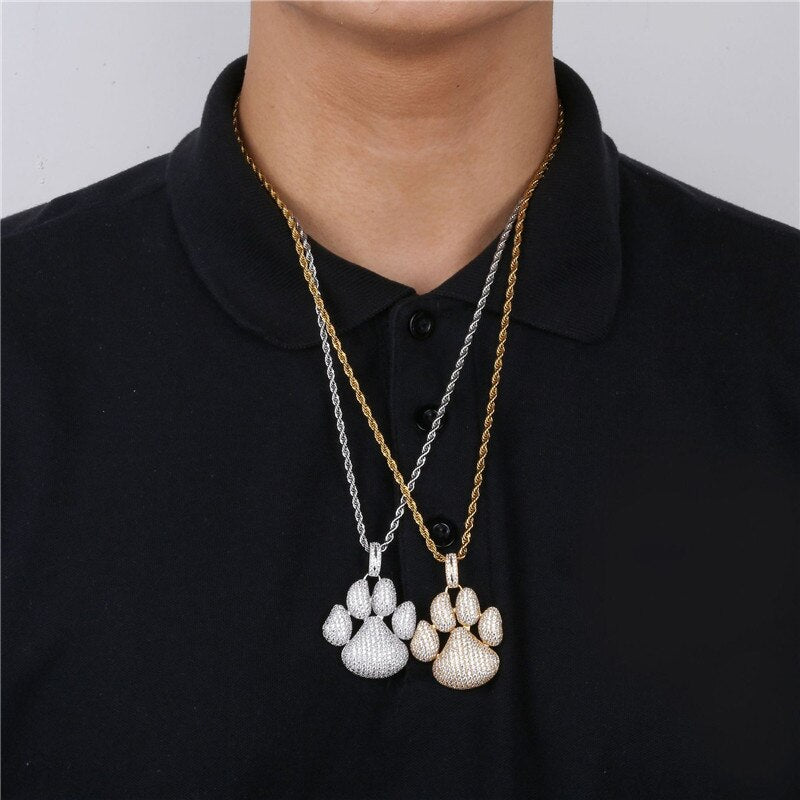 Cute Dog Paw Prints Pendant Necklace  AAA Zircon Mens Necklace 2 Colors Rap Hip Hop Jewelry