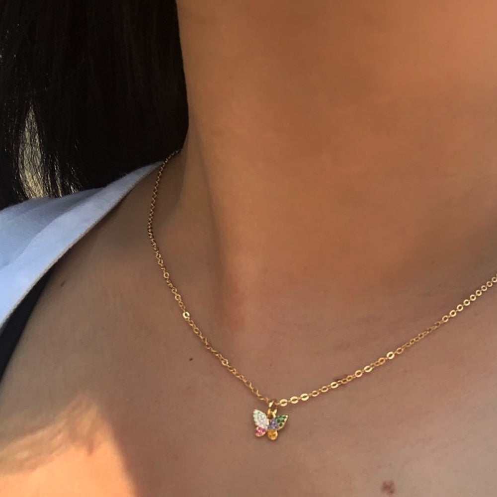 Cute Gold Color Micro Pave CZ Mini Butterfly Pendant Necklace Elegant Shiny Zircon Charm collar Necklace Stainless Steel Chain