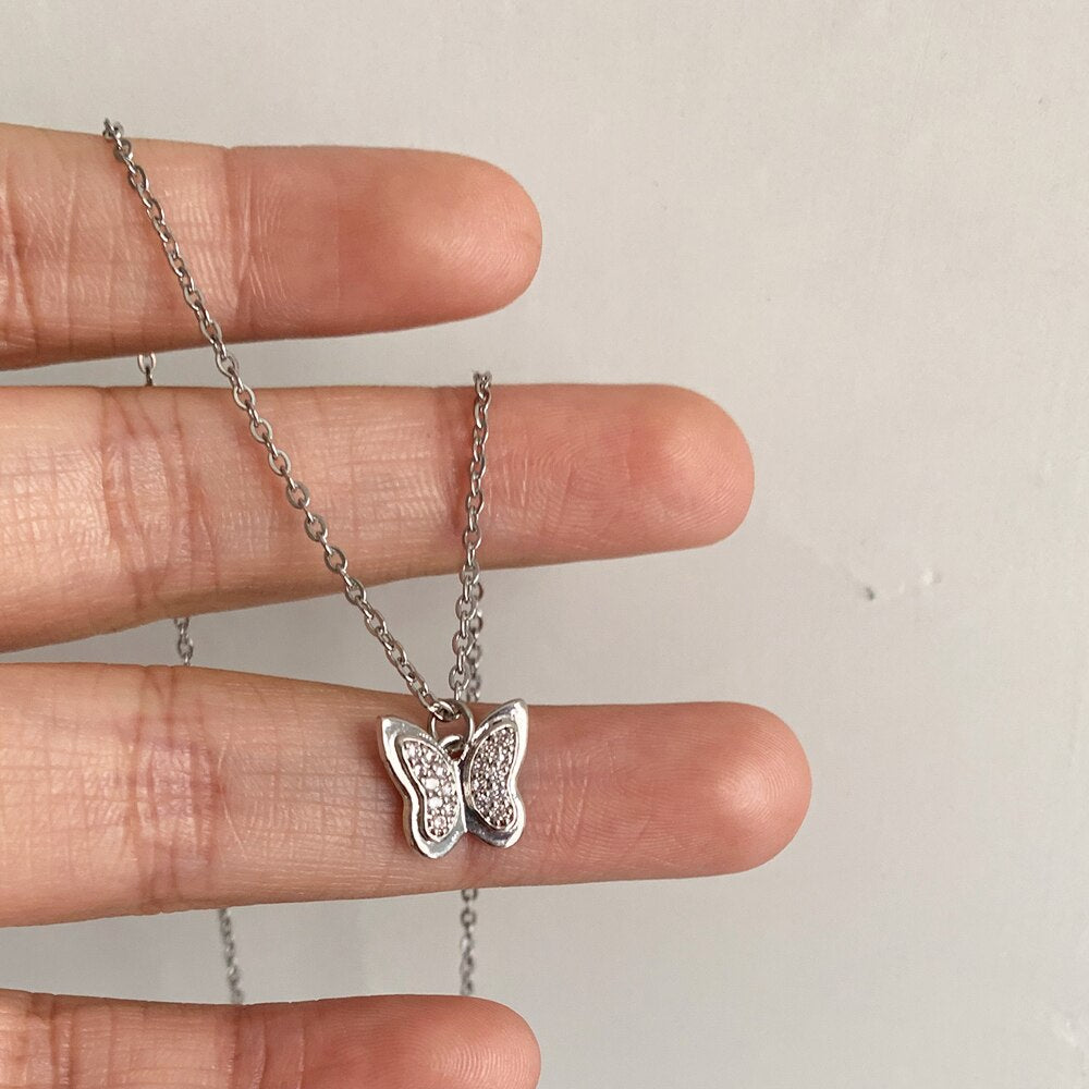 Cute Gold Color Micro Pave CZ Mini Butterfly Pendant Necklace Elegant Shiny Zircon Charm collar Necklace Stainless Steel Chain