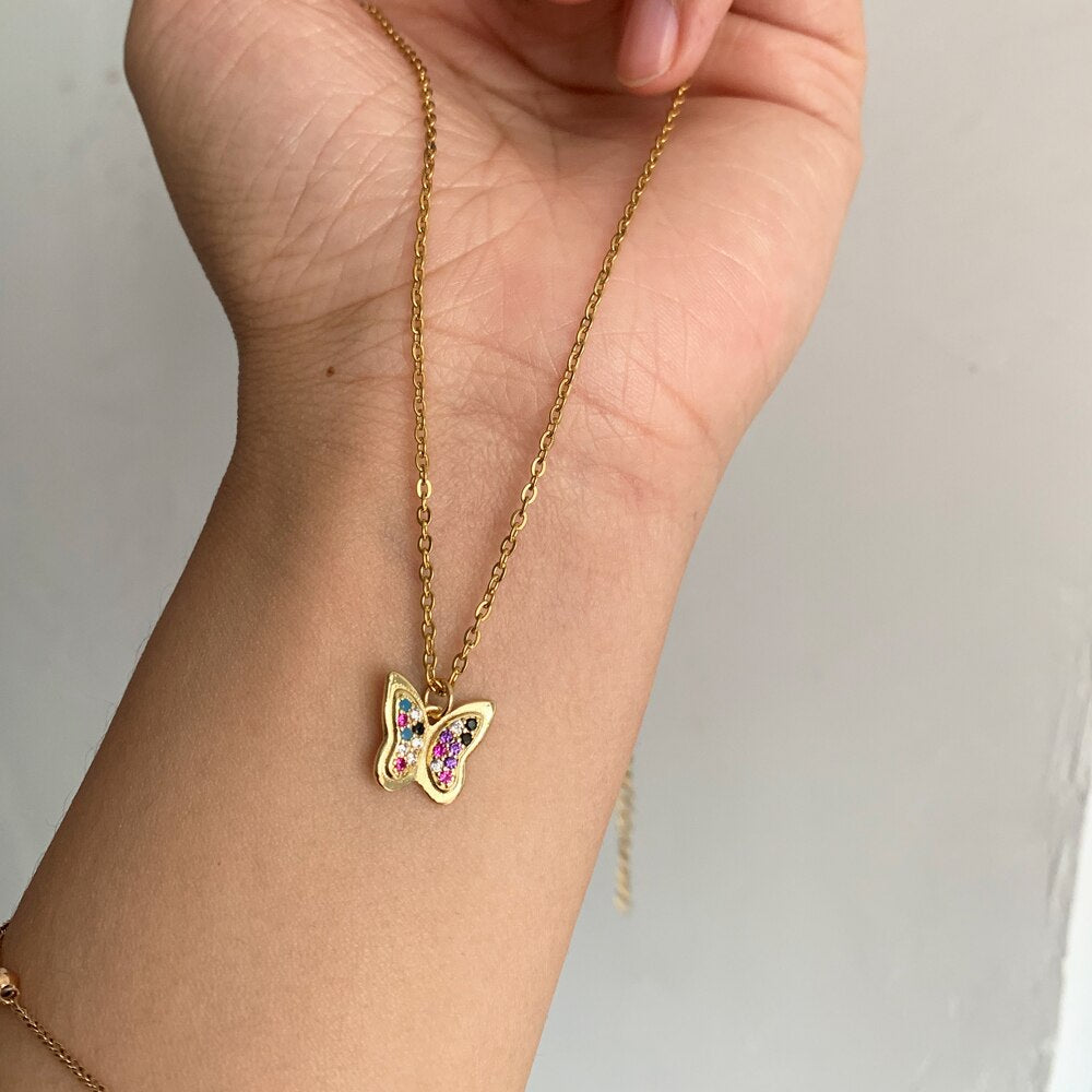 Cute Gold Color Micro Pave CZ Mini Butterfly Pendant Necklace Elegant Shiny Zircon Charm collar Necklace Stainless Steel Chain