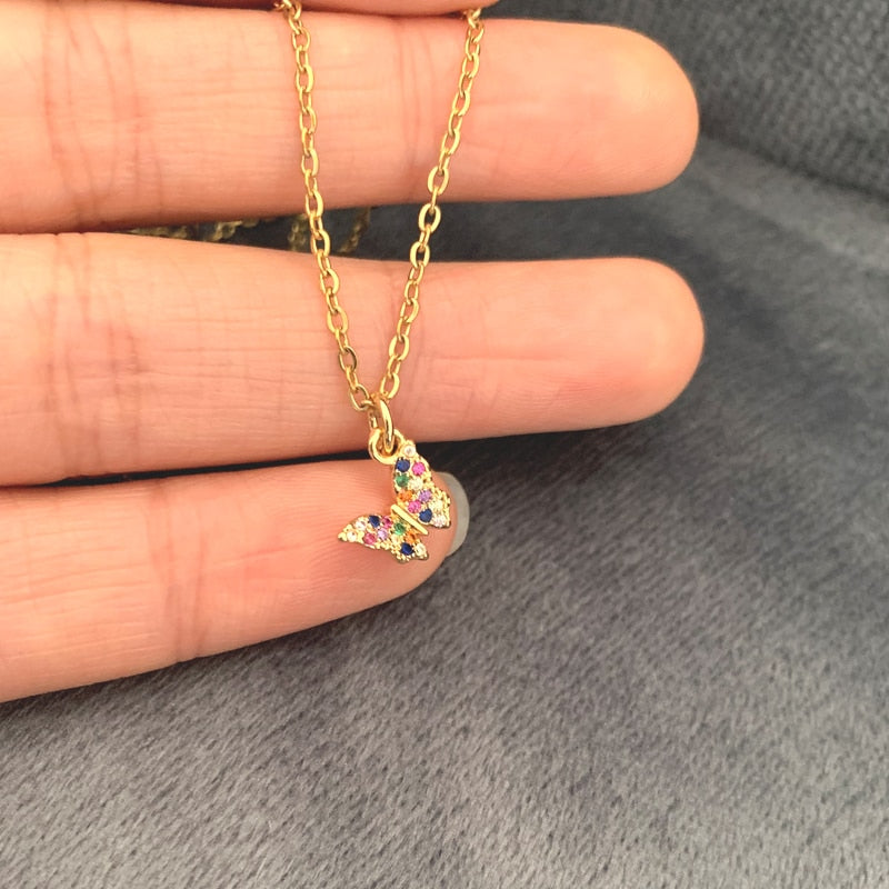 Cute Gold Color Micro Pave CZ Mini Butterfly Pendant Necklace Elegant Shiny Zircon Charm collar Necklace Stainless Steel Chain