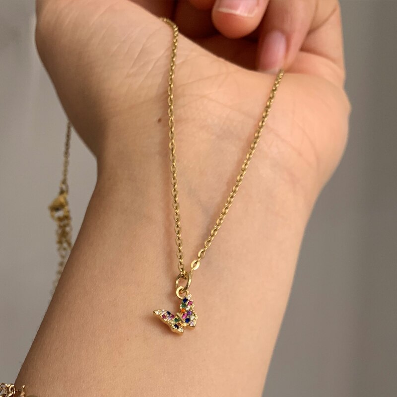 Cute Gold Color Micro Pave CZ Mini Butterfly Pendant Necklace Elegant Shiny Zircon Charm collar Necklace Stainless Steel Chain