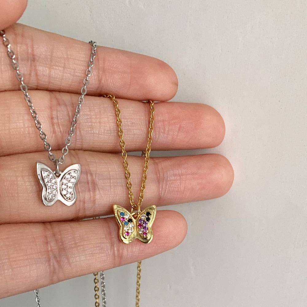 Cute Gold Color Micro Pave CZ Mini Butterfly Pendant Necklace Elegant Shiny Zircon Charm collar Necklace Stainless Steel Chain