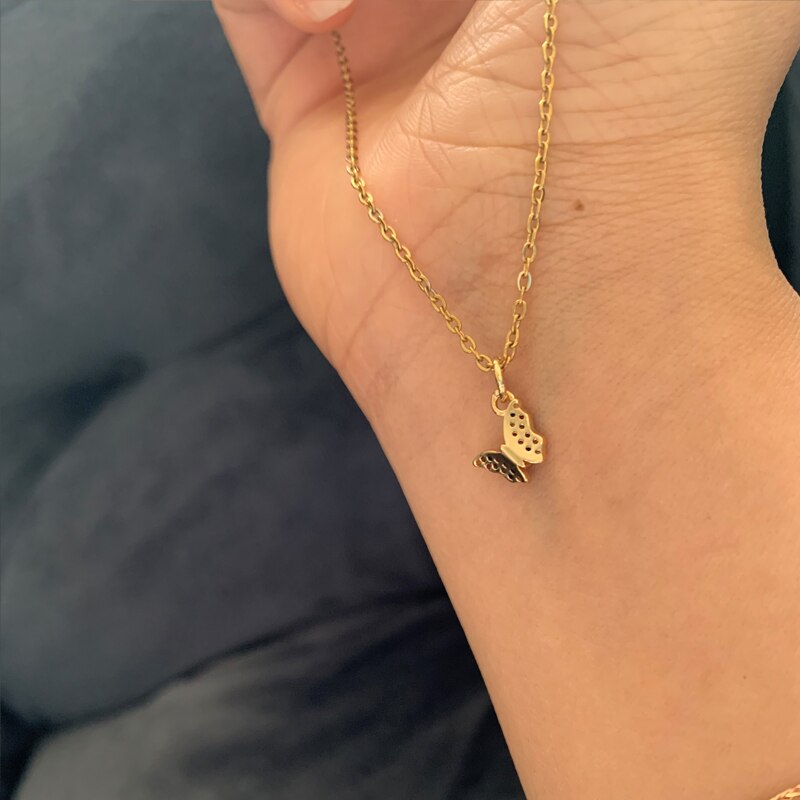Cute Gold Color Micro Pave CZ Mini Butterfly Pendant Necklace Elegant Shiny Zircon Charm collar Necklace Stainless Steel Chain