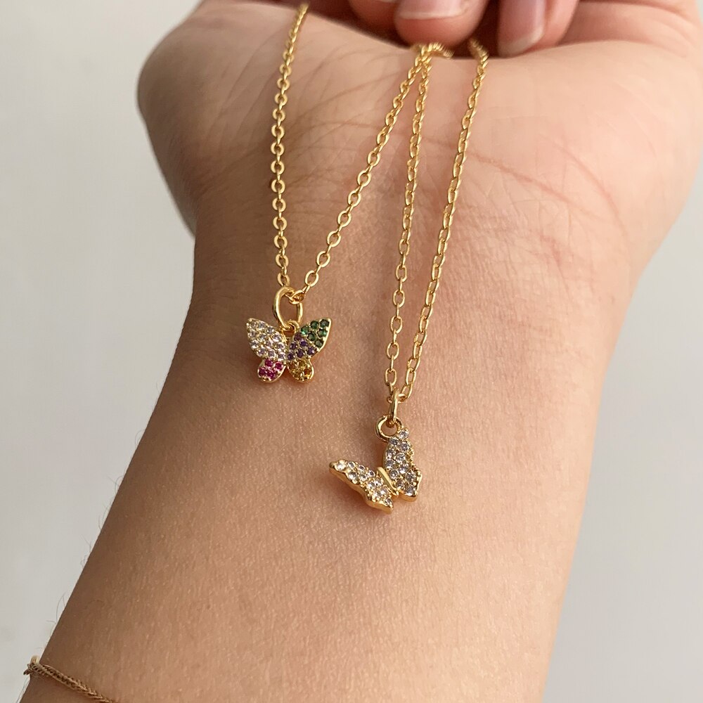 Cute Gold Color Micro Pave CZ Mini Butterfly Pendant Necklace Elegant Shiny Zircon Charm collar Necklace Stainless Steel Chain