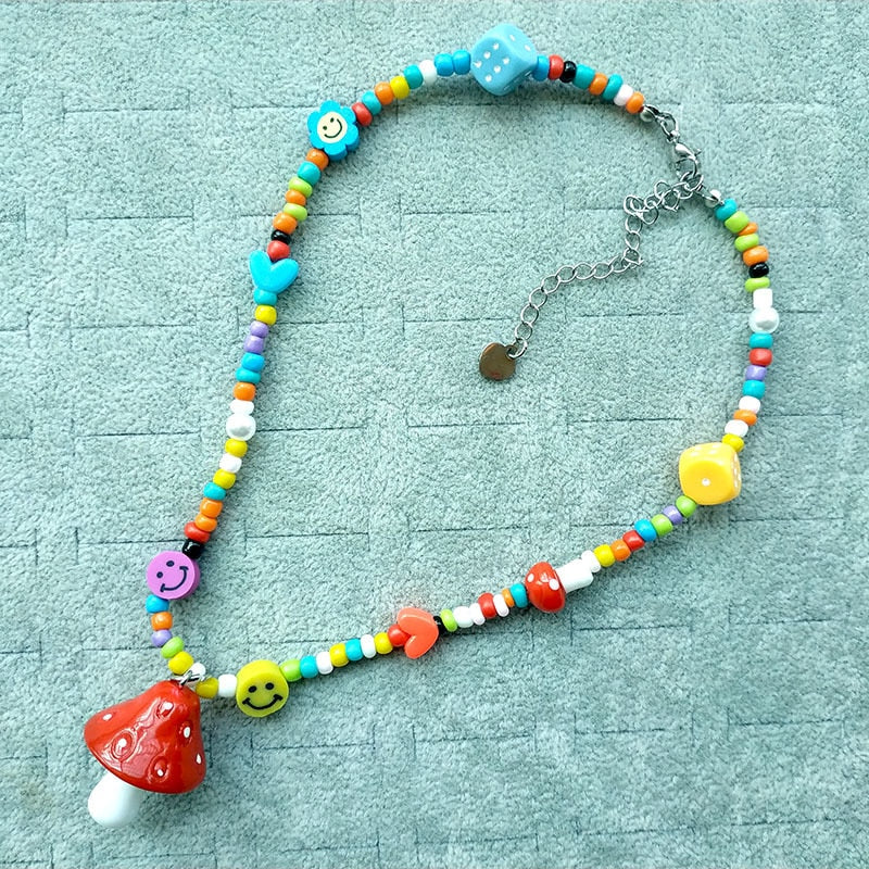 Cute Handmade Colorful Beads Chain Mushroom Pendant Necklace for Women Girls Chokers Accessories   Year Jewelry Gifts
