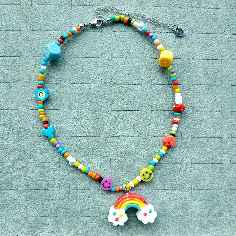 Cute Handmade Colorful Beads Chain Mushroom Pendant Necklace for Women Girls Chokers Accessories   Year Jewelry Gifts