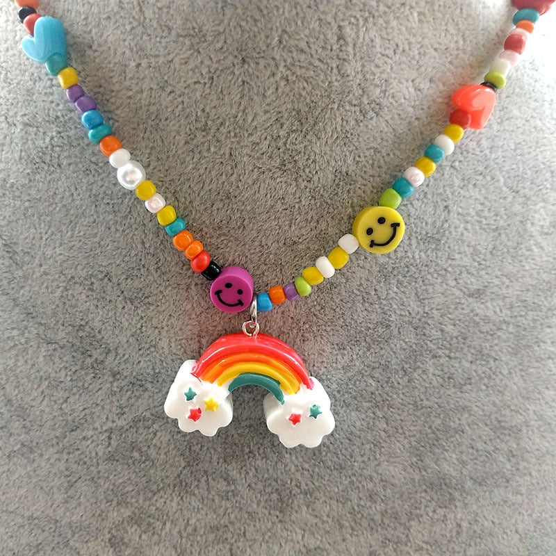 Cute Handmade Colorful Beads Chain Mushroom Pendant Necklace for Women Girls Chokers Accessories   Year Jewelry Gifts