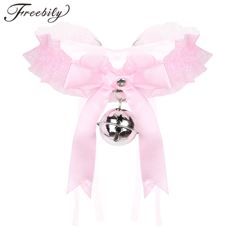 Cute Harajuku Girl Handmade Lace Up Bell Choker Gold Coloured Bell Hanging Jingle Collar Kawaii Lolita Bow Ribbon Choker