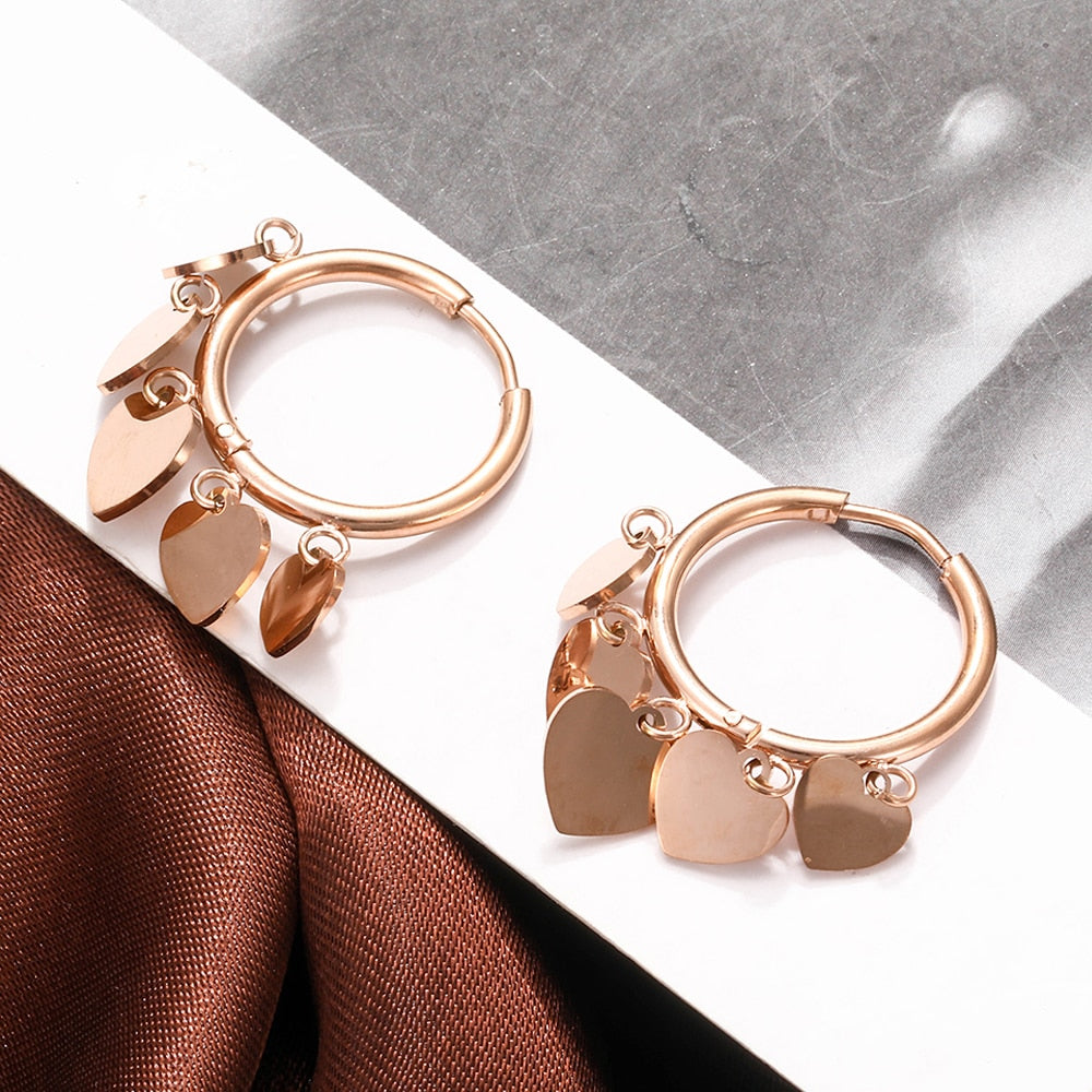 Cute Heart Earrings Korean Jewelry Stainless Steel Tassel Hoop Earring Rose Gold Charm Earring 2022 Design For Women